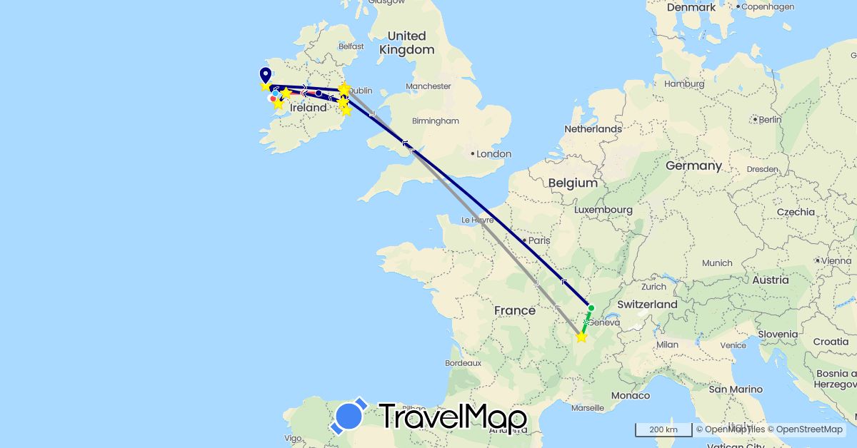 TravelMap itinerary: driving, bus, plane, cycling, hiking, boat in France, Ireland (Europe)